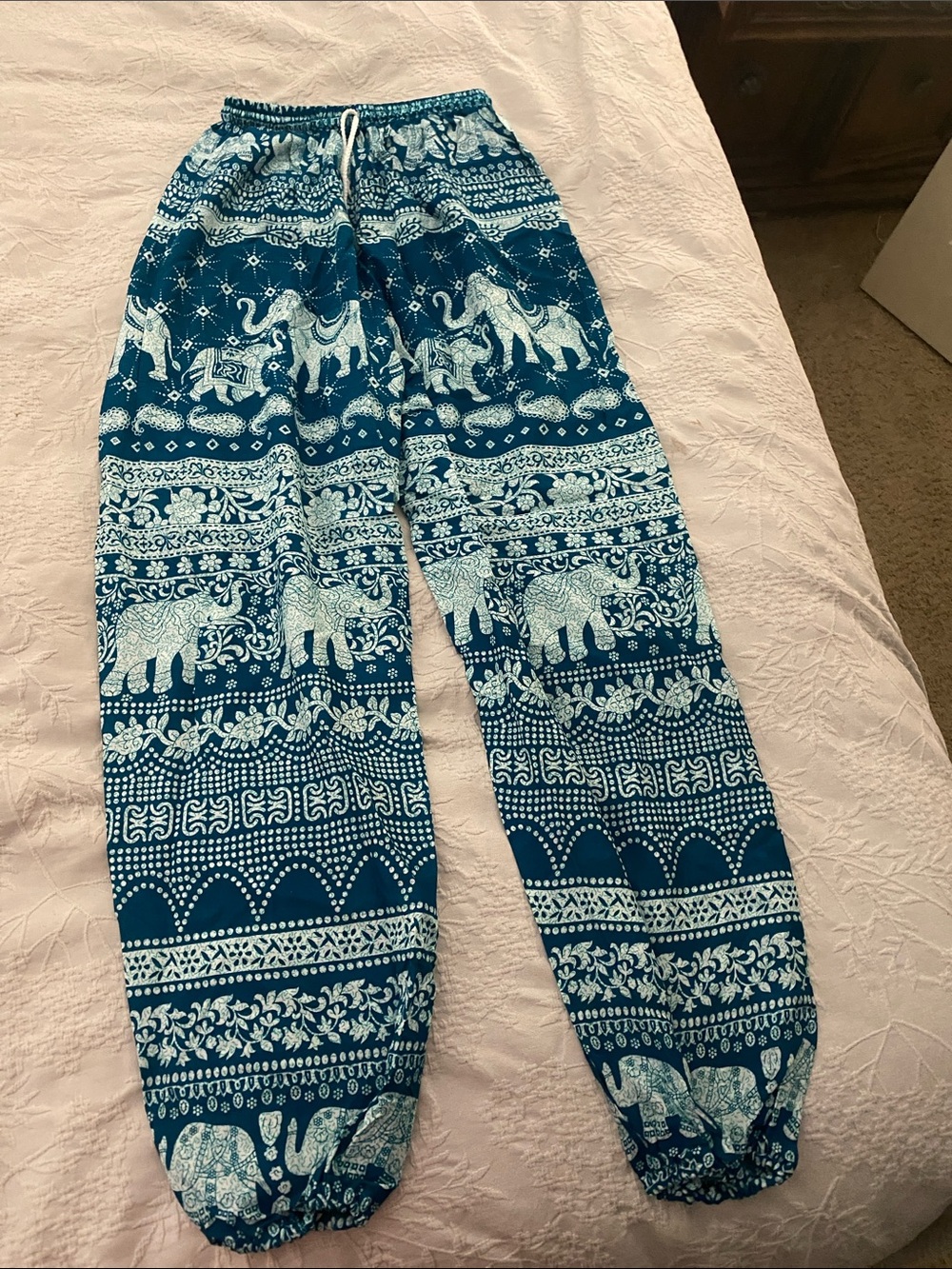 Teal Blue Elephant Print Harem Pants from Thailand
